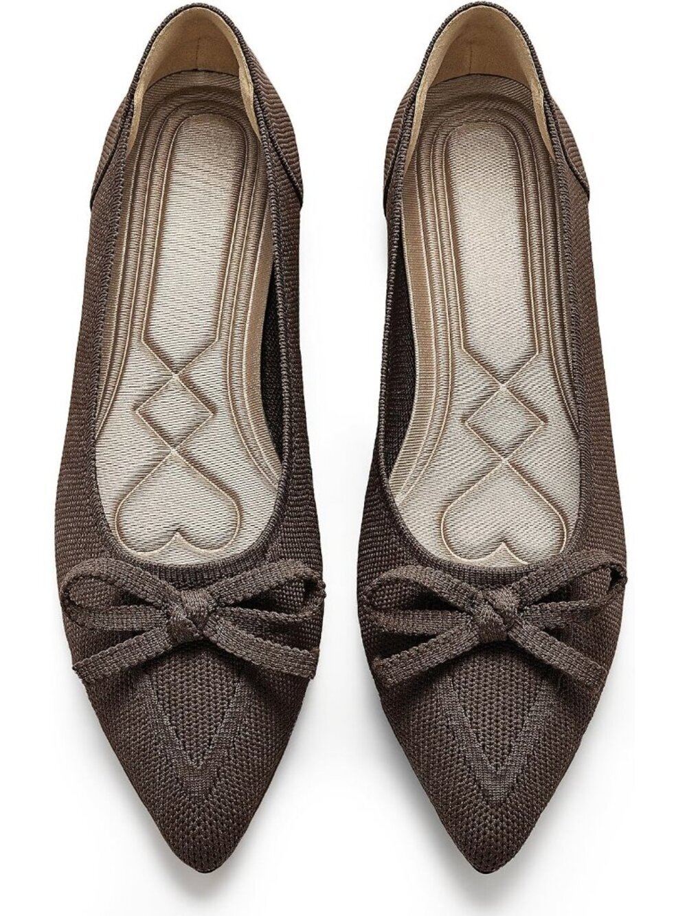 Women's Coffee Pointed Toe Bow Knit Ballet Flats Comfortable Slip On Dress Shoes